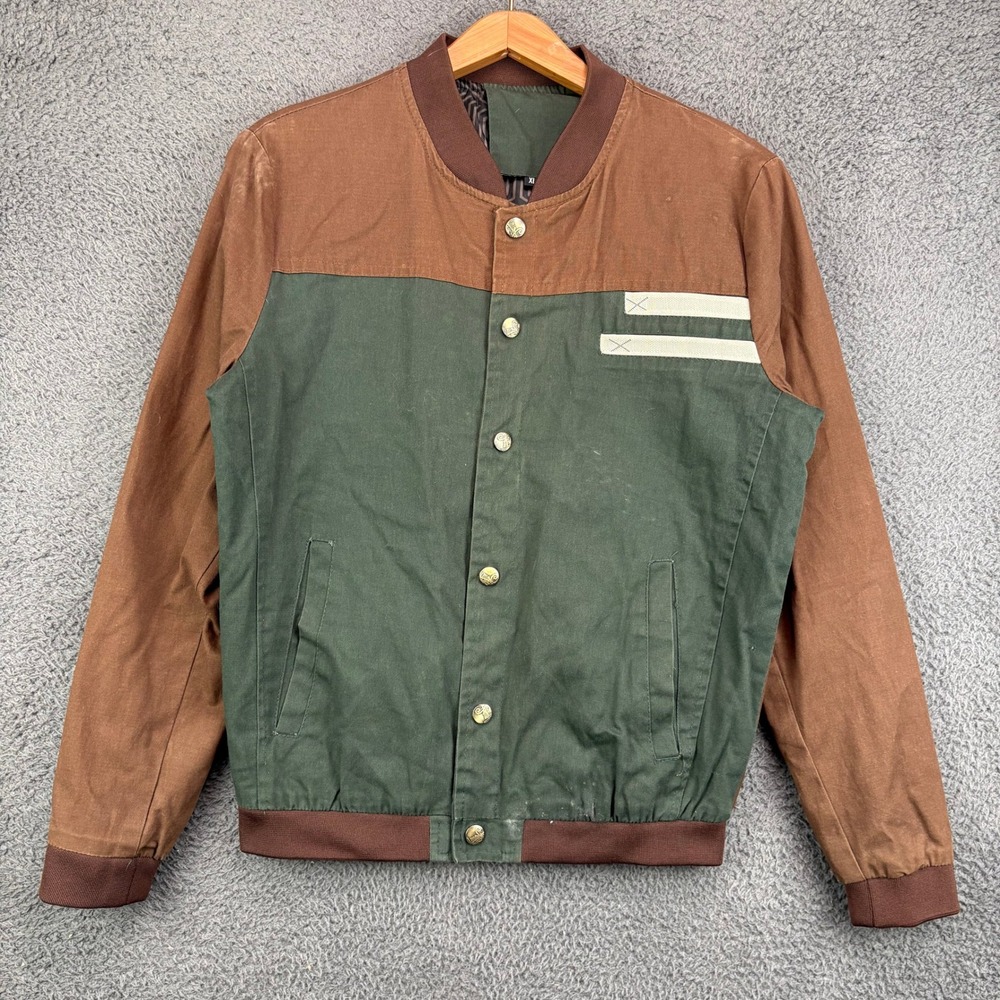 Mens XL Two-Tone Bomber Jacket Green Brown Colorblock Snap Front Canvas Jacket
